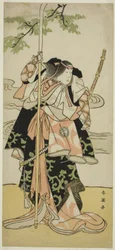 Der Schauspieler Segawa Kikunojo III als Lady Tomoe (Tomoe Gozen) im Stück Yasa Gumbai Miyako no Jindori, aufgeführt im Miyako Theater im elften Monat, ca. 1793