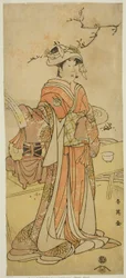 Der Schauspieler Segawa Kikunojo III als die weibliche Fuchs-Fee Otatsu-gitsune verkleidet als Shizuka Gozen im Stück Kogane Saku Date no Okida, aufgeführt im Ichimura Theater im elften Monat, 1792