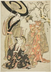Schauspieler Iwai Hanshirō IV, Ichikawa Monnosuke II und Sakata Hangorō III in „Schneeflocken: Die Fahne in Izu hissen“ („Mutsu no Hana Izu no Hataage“)