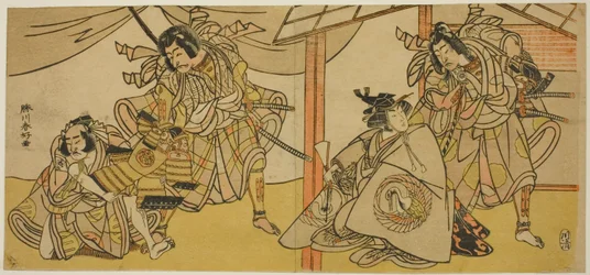 Rechte Seite: Die Schauspieler Bando Hikosaburo III als Soga no Goro (rechts) und Segawa Kikunojo IV als Onna Asahina (links), im Stück Ume-goyomi Akebono Soga; Linke Seite: Die Schauspieler Onoe Matsusuke I als Furugori Shinzaemon (links) und Ichikawa Dan