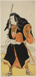 Der Schauspieler Ichikawa Danjuro V., wahrscheinlich als Ise no Saburo, verkleidet als Sanjo Uemon, Anführer einer Räuberbande, im zweiten Teil des Stücks Fude-hajime Kanjincho (Erste Kalligrafie des neuen Jahres: Kanjincho [Die Subskriptionsliste])
