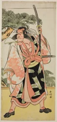 Der Schauspieler Ichikawa Danjuro V als Kajiwara Genta Kagesue im Stück Yuki Nazuna Saiwai Soga, aufgeführt im Kiri Theater im ersten Monat, 1787