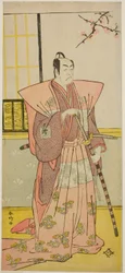 Der Schauspieler Ichikawa Omezo I als Koyurugi Motomenosuke im Stück Haru no Nishiki Date-zome Soga, aufgeführt im Nakamura Theater im ersten Monat, 1790