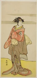 Der Schauspieler Iwai Hanshiro IV als Hitomaru verkleidet als Geisha Oshun im Stück Edo no Hana Mimasu Soga, aufgeführt im Nakamura-Theater im dritten Monat, 1783