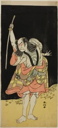 Der Schauspieler Nakamura Nakazo I als Ippei (?) im Stück Koi Nyobo Somewake Tazuna (?), aufgeführt im Ichimura Theater (?) im achten Monat, 1778 (?)