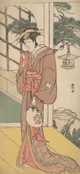 Arashi Ryuzo als große Frau auf der Engawa stehend, ca. 1789