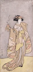 Ganzkörperporträt des Schauspielers Ichikawa Monnosuke II in einer Frauenrolle mit einem Räuchergefäß