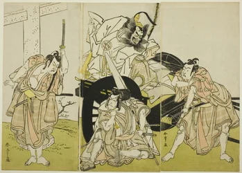 Schauspieler Nakajima Mihoemon II als Fujiwara no Shihei, Ichikawa Ebizō III als Matsuo-maru, Ichikawa Yaozō II als Sakura-maru und Ichimura Uzaemon IX als Umeo-maru in „Sugawaras Geheimnisse der Kalligraphie“ („Sugawara denju tenarai kagami“)