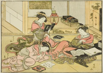 Kurtisanen des Chojiya, aus dem Buch "Spiegel der schönen Frauen der Vergnügungsviertel (Seiro bijin awase sugata kagami)," Bd. 1