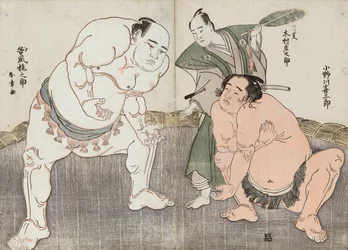 Onagawa Kisaburo und Tanikaze Kajinosuke führen den Shiriki im Dohyo auf, geleitet von Kimura Shonosuke