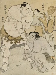 Vorbereitungen für den Kampf zwischen Onagawa Kisaburo und Tanikaze Kajinosuke, geleitet von Kimura Shonosuke