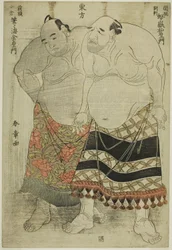 Sumo-Ringer der Ostgruppe: (rechts) Nijigadake Somaemon im Sekiwake-Rang aus der Provinz Awa und (links) Fudenoumi Kin