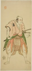 Der Schauspieler Bando Sampachi I als Yawata no Saburo (?) im Stück Shuen Soga Omugaeshi (?), aufgeführt im Ichimura Theater (?) im zweiten Monat, 1768 (?)