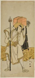 Der Schauspieler Ichikawa Danjuro V als Moriya no Daijin verkleidet als Rokuju-rokubu im Stück Miya-bashira Iwao no Butai, aufgeführt im Morita-Theater im siebten Monat, 1773