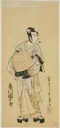 Der Schauspieler Ichikawa Danjuro V als Soga no Goro verkleidet als Komuso im Stück Sakai-cho Soga Nendaiki, aufgeführt im Nakamura-Theater im ersten Monat, 1771