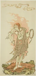 Der Schauspieler Ichikawa Danjuro V als buddhistische Gottheit Fudo in der Schlussszene aus dem ersten Teil des Stücks Fuki Kaete Tsuki mo Yoshiwara (Reedach: Der Mond scheint auch über dem Vergnügungsviertel Yoshiwara), aufgeführt im Morita-Theater ab dem
