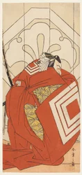 Der Schauspieler Ichikawa Danjuro V in einer "Shibaraku"-Rolle, wahrscheinlich als Kato Hyoeisa Shigemitsu, in der dritten Szene des Stücks Masakado Kammuri no Hatsuyuki (Der erste Schnee auf Taira no Masakados Hofkrone), aufgeführt im Nakamura-Theater im 