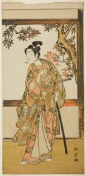 Der Schauspieler Ichikawa Monnosuke II als Shinokobe Shoji Yukihira im Stück Gohiiki Kanjincho, aufgeführt im Nakamura-Theater im elften Monat, 1773