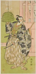 Der Schauspieler Ichimura Uzaemon IX als Fuwa Banzaemon im Stück Keisei Nagoya Obi, aufgeführt im Ichimura Theater im achten Monat, 1771