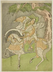 Der Schauspieler Matsumoto Koshiro II als Kagekiyo verkleidet als Omi Yawatanosuke im Stück Haru wa Soga Akebono-zoshi, aufgeführt im Nakamura Theater im ersten Monat, 1772