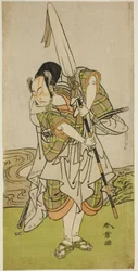 Der Schauspieler Nakamura Juzo II als Asahara Hachiro verkleidet als Diener einer fürstlichen Familie, im Stück Onna Aruji Hatsuyuki no Sekai, aufgeführt im Morita-Theater im elften Monat, 1773