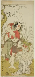 Der Schauspieler Nakamura Juzo II als Yushichi (?) im Stück Keisei Momiji no Uchikake (?), aufgeführt im Morita-Theater (?) im siebten Monat, 1772 (?)
