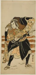 Der Schauspieler Nakamura Nakazo I als Abe no Sadato (?) im Stück Date Nishiki Tsui no Yumitori (?), aufgeführt im Morita-Theater (?) im elften Monat, 1778 (?)