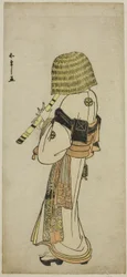 Der Schauspieler Nakamura Nakazo I als Kakogawa Honzo in Komuso-Kleidung im Stück Kanadehon Chushingura, ca. 1783 (Farbholzschnitt; Hosoban)