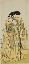 Der Schauspieler Nakamura Nakazo I als Kudo Suketsune (?) im Stück Iro Moyo Aoyagi Soga (?), aufgeführt im Nakamura Theater (?) im zweiten Monat, 1775 (?)