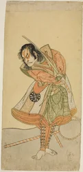 Der Schauspieler Nakamura Nakazo I als Tezuka no Taro Mitsumori verkleidet als Affentrainer Tonkichi Tochibei, im Stück Soga Moyo Aigo no Wakamatsu, aufgeführt im Nakamura Theater im ersten Monat, 1769