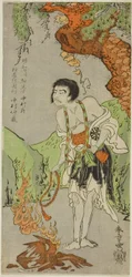 Der Schauspieler Nakamura Nakazo I als Mönch Raigo Ajari im Stück Nue no Mori Ichiyo no Mato, aufgeführt im Nakamura-Theater ab dem ersten Tag des elften Monats, 1770