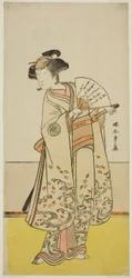 Der Schauspieler Nakamura Noshio I als Oiso no Tora (?) im Stück Shida Yuzuriha Horai Soga (?), aufgeführt im Morita Theater (?) im ersten Monat, 1775 (?)