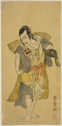 Der Schauspieler Nakamura Utaemon I als Kudo Suketsune verkleidet als Bettler im Stück Soga Moyo Aigo no Wakamatsu, aufgeführt im Nakamura-Theater im ersten Monat, 1769