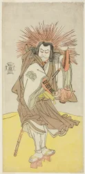Der Schauspieler Nakayama Kojuro VI als Osada no Taro Kagemune (in Wirklichkeit Hatcho Tsubute no Kiheiji), in der Gestalt eines Laternenanzünders des Gion-Schreins, in Akt Drei aus Teil Eins des Stücks Yukimotsu Take Furisode Genji (Schneebedeckter Bambus