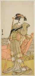 Der Schauspieler Onoe Matsusuke I als Akoya im Stück Edo Meisho Midori Soga, aufgeführt im Morita-Theater im zweiten Monat, 1779