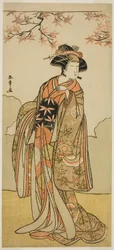 Der Schauspieler Osagawa Tsuneyo II als Onoe no Mae im Stück Date Nishiki Tsui no Yumitori, aufgeführt im Morita-Theater im elften Monat, 1778