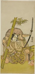 Der Schauspieler Otani Hiroji III als der Wächter Kuriu Zaemon Yorikata im Stück Azuma no Mori Sakae Kusunoki, aufgeführt im Ichimura Theater im elften Monat, 1779