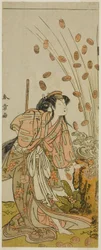 Der Schauspieler Segawa Kikunojo III als Hito-maru verkleidet als die Kurtisane Chiyozaki, im Stück Kuruwa no Hana Katsuragi no Kane, aufgeführt im Ichimura Theater im dritten Monat, 1775