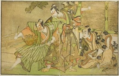 Die Schauspieler Ichikawa Komazo II als Minamoto no Yorimasa (rechts), Matsumoto Koshiro II als Osada no Taro Kagemune verkleidet als Yatsurugi Zaemon (Mitte), und Ichikawa Danzo III als I no Hayata Tadazumi (links), im Stück Nue no Mori Ichiyo no Mato, au