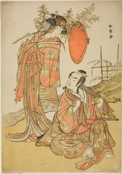 Die Schauspieler Ichikawa Monnosuke II und Segawa Kikunojo III als die Liebenden Seijuro (rechts) und Onatsu (links), in der Fluchtszene "Michiyuki Hiyoku no Kiku-cho" (Eine Flucht: Chrysanthemen-und-Schmetterlings-Liebesvögel), ein Tanzintermezzo aus Teil