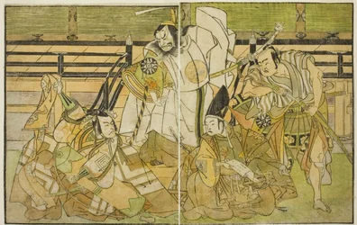 Die Schauspieler Nakamura Denkuro II als Seno-o Taro, Ichikawa Komazo II als Yorimasa, Nakamura Nakazo I als Taira no Kiyomori und Ichikawa Danjuro V als Kiou Takiguchi (von rechts nach links), im Stück Nue no Mori Ichiyo no Mato, aufgeführt im Nakamura-Th