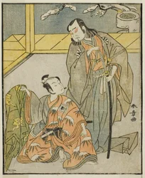 Die Schauspieler Nakamura Denkuro II als Suma no Dairyo (rechts) und Ichikawa Komazo II als Ariwara no Yukihira (links), im Stück Kuni no Hana Ono no Itsumoji, aufgeführt im Nakamura-Theater im elften Monat, 1771