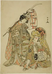 Die Schauspieler Nakamura Nakazo I als Onmaya Kisanda verkleidet als Kakubei der Löwentänzer (Kakubei-jishi) (rechts) und Segawa Kikunojo III als Shizuka Gozen (links), in der Tanzsequenz "Myoto-zake Kawaranu Nakanaka" (Ewige Harmonie des Ehebechers), aus