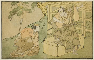 Die Schauspieler Onoe Matsusuke I als Akaboshi Taro (rechts) und Azuma Tozo II als Shirotae (links) im Stück Kono Hana Yotsugi no Hachi no Ki, aufgeführt im Ichimura Theater im elften Monat, 1771