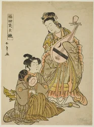 Die Göttin Benten mit einer Biwa und ein junger Mann mit einer Schultertrommel, aus der Serie "Vergleich der Lächeln der Glücksgötter (Fukujin egao kurabe)"