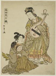Die Göttin Benten mit einer Biwa und ein junger Mann mit einer Schultertrommel, aus der Serie "Vergleich der Lächeln der Glücksgötter", späte 1780er Jahre