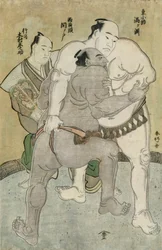 Der Ringkampf zwischen dem Komosubi der Ostgruppe, Uzugafuchi Kan
