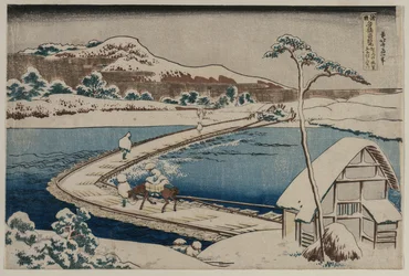 Ein altes Bild der Bootsbrücke bei Sano in der Provinz Kozuke aus der Serie Neugierige Ansichten berühmter Brücken in den Provinzen