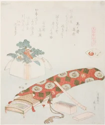 Koto und Neujahrsopfer, Illustration für Die Akoya-Strandmuschel (Akoyagai), aus der Serie Ein Zuordnungsspiel mit Gedichtmuscheln aus der Genroku-Zeit