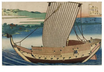 Nr. 18. Die Szene, eine Dschunke segelt auf ruhiger See an der Bucht von Suminoye in Settsu vorbei, aus der Serie Die hundert Gedichte erklärt von der Amme, ca. 1835-1836